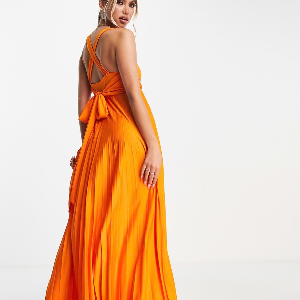 ASOS DESIGN plunge halter cross back self tie pleated maxi dress in orange